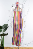 Sexy Striped Bandage Backless Halter Long Dress Dresses
