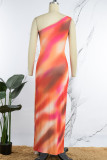 Sexy Print Tie Dye Hollowed Out Slit Oblique Collar Long Dress Dresses