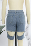 Casual Solid Hollowed Out Patchwork Mid Waist Skinny Denim Shorts