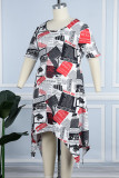 Casual Print Asymmetrical O Neck Short Sleeve Dress Plus Size Dresses