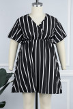 Casual Striped Print Patchwork V Neck Short Sleeve Dress Plus Size Dresses