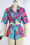 Casual Print Patchwork Knotted Shirt Collar Short Sleeve Two Pieces