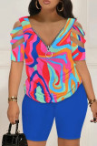 Casual Print Hollowed Out Patchwork V Neck Short Sleeve Two Pieces