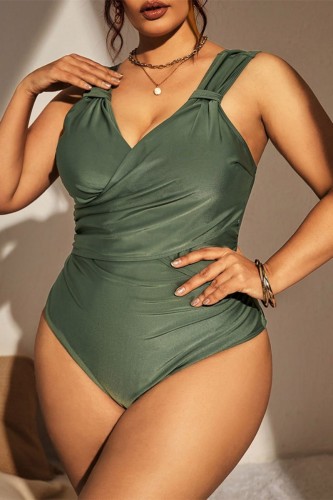 Sexy Solid Patchwork Backless V Neck Plus Size Swimwear (With Paddings)