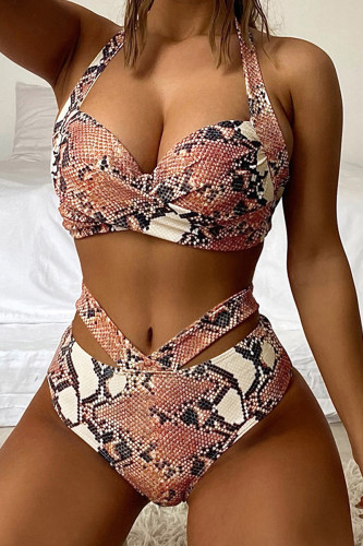 Sexy Print Hollowed Out Patchwork Frenulum Backless Swimwears (With Paddings)