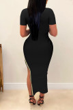 Casual Solid Patchwork Slit Hot Drill O Neck Short Sleeve Dress
