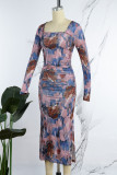 Casual Print Patchwork Fold Square Collar Long Sleeve Dresses