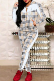 Casual Plaid Draw String Pocket Zipper Zipper Collar Long Sleeve Two Pieces