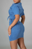 Sexy Solid Patchwork Pocket Knotted Turndown Collar Short Sleeve Mid Waist Skinny Denim Dresses