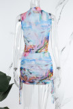 Sexy Print Tie-dye Turtleneck Sleeveless Two Pieces