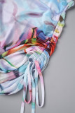 Sexy Print Tie-dye Turtleneck Sleeveless Two Pieces