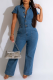 Casual Solid Patchwork Pocket Turndown Collar Short Sleeve Mid Waist Regular Denim Jumpsuits