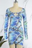 Casual Print Hollowed Out U Neck Long Sleeve Dresses