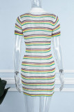 Sexy Striped Patchwork Buttons Contrast POLO collar One Step Skirt Short Sleeve Dress