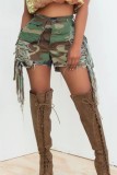Casual Camouflage Print Tassel Patchwork Skinny High Waist Conventional Shorts (Subject To The Actual Object)