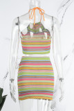 Elegant Striped Draw String Backless Halter Sleeveless Two Pieces