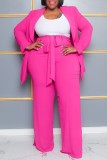Casual Solid Cardigan Pants Turn-back Collar Plus Size Two Pieces
