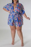 Casual Print Cardigan V Neck Plus Size Two Pieces