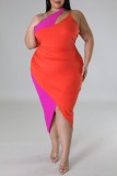 Sexy Solid Patchwork Slit Contrast Oblique Collar Sleeveless Dress Plus Size Dresses