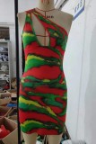 Sexy Print Hollowed Out Oblique Collar Sleeveless Dress Dresses