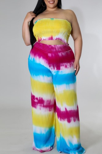 Casual Print Tie Dye Backless Strapless Plus Size Two Pieces