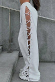 Street Solid Hollowed Out Patchwork Cross Straps Loose Wide Leg Solid Color Bottoms