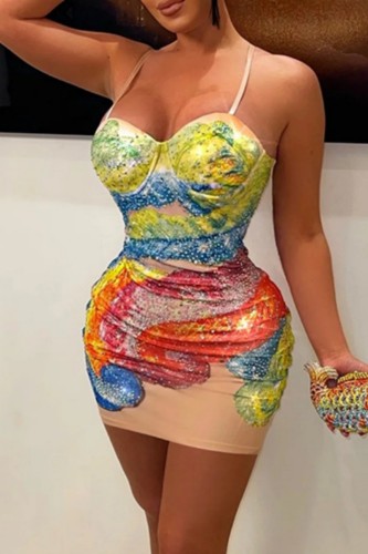 Sexy Print Hot Drilling Backless Spaghetti Strap Wrapped Skirt Dresses