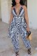Sexy Print Bandage Backless Halter Regular Jumpsuits
