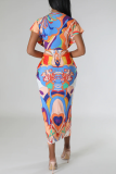 Elegant Print Patchwork Fold V Neck Wrapped Skirt Short Sleeve Dress