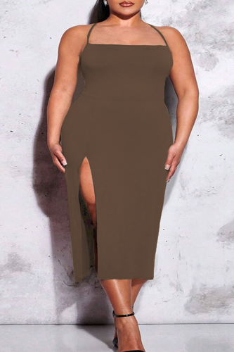 Sexy Solid Backless Slit Strap Design Spaghetti Strap One Step Skirt Plus Size Dresses