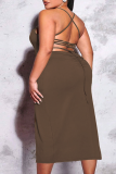 Sexy Solid Backless Slit Strap Design Spaghetti Strap One Step Skirt Plus Size Dresses