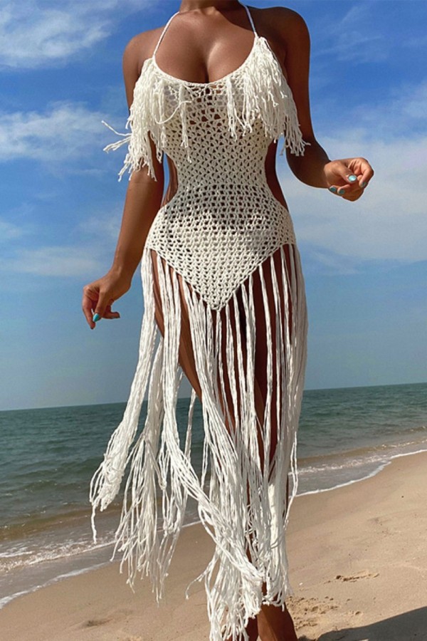 Sexy Solid Tassel Bandage Backless Swimwears Cover Up