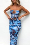 Sexy Print Hollowed Out Backless Strapless Sleeveless Two Pieces