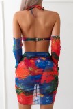 Sexy Print Tie Dye Bandage Backless Swimsuit Three Piece Set (With Sleeves)