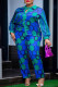 Casual Print Patchwork Pocket Frenulum Buttons Turndown Collar Plus Size Two Pieces