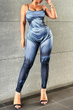 Casual Print Patchwork Backless Spaghetti Strap Skinny Jumpsuits
