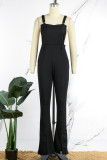 Casual Solid Backless Slit Spaghetti Strap Regular Jumpsuits