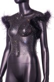 Sexy Patchwork Rhinestone Hollowed Out See-through Feathers O Neck Tops