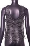 Sexy Patchwork Rhinestone Hollowed Out See-through O Neck Tops