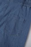 Casual Solid Patchwork Pocket Turndown Collar Short Sleeve Mid Waist Regular Denim Jumpsuits