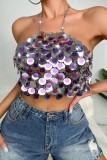 Sexy Patchwork Sequins Chains Backless Halter Tops