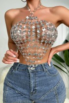 Sexy Patchwork Hollowed Out Chains Backless Halter Tops
