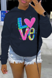 Casual Vintage Print Draw String Letter Hooded Collar Tops
