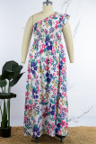 Casual Vacation Simplicity Floral Printing Smocking One Shoulder Printed Dress Dresses