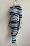 Casual Striped Patchwork V Neck Long Sleeve Two Pieces