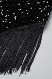 Elegant Solid Tassel Sequins Patchwork Zipper Oblique Collar Irregular Dress Dresses