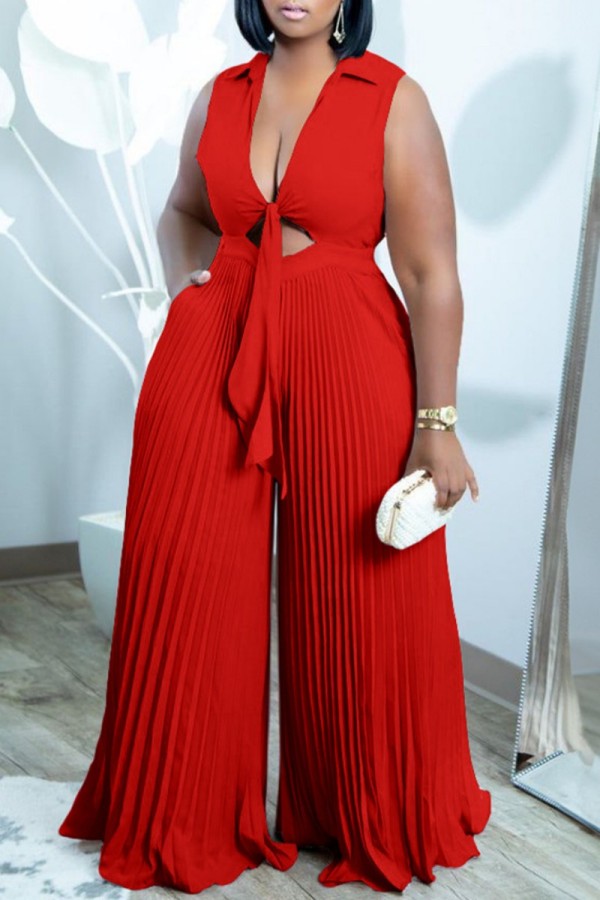 Casual Solid Hollowed Out Frenulum Pleated V Neck Regular Jumpsuits
