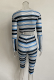 Casual Striped Patchwork V Neck Long Sleeve Two Pieces