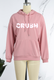 Casual Daily Print Draw String Letter Hooded Collar Tops