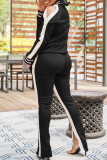 Casual Solid Patchwork Slit Zipper Collar Long Sleeve Two Pieces